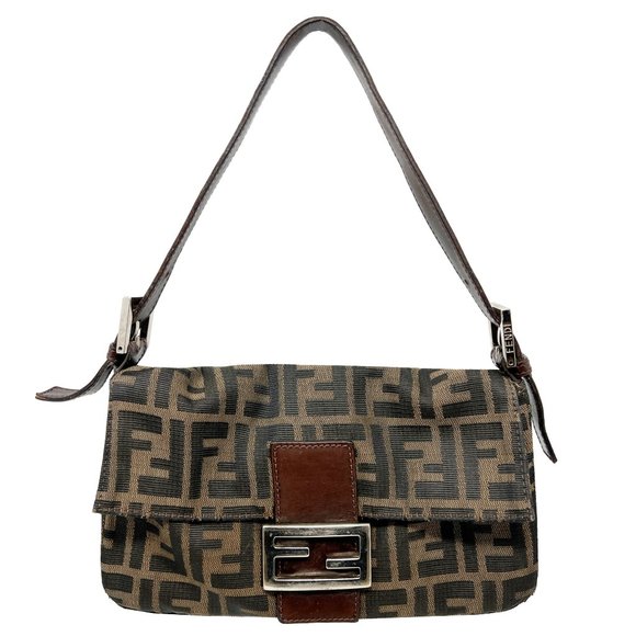 Fendi Handbags - Fendi Brown Black Monogram Logo Baguette Flap Leather Trim Shoulder Bag